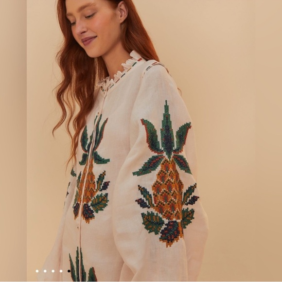 Farm Rio Light Pink Cross Stitch Pineapple Embroidered Midi Dress - Picture 5 of 9